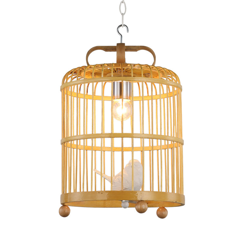 Bamboo Birdcage Shade Pendant Light with Bird Accent Chinese Style 1 Head Beige Hanging Lamp, 8