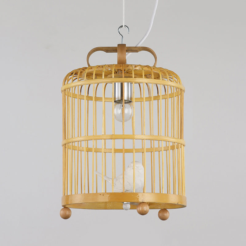 Bamboo Birdcage Shade Pendant Light with Bird Accent Chinese Style 1 Head Beige Hanging Lamp, 8