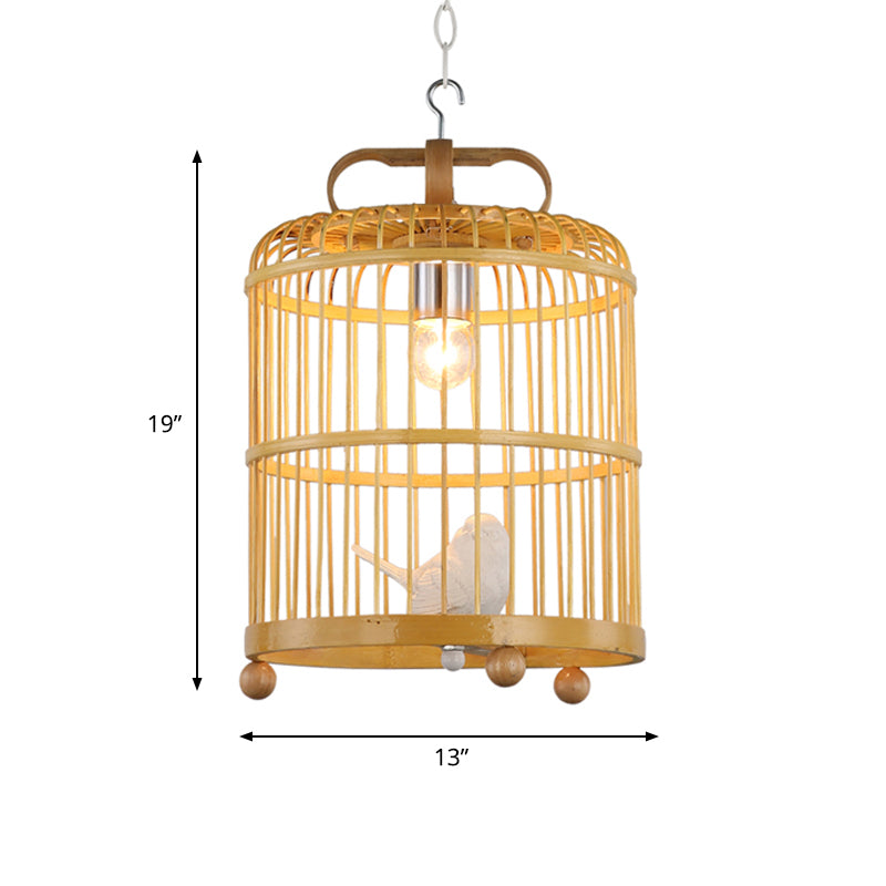 Bamboo Birdcage Shade Pendant Light with Bird Accent Chinese Style 1 Head Beige Hanging Lamp, 8