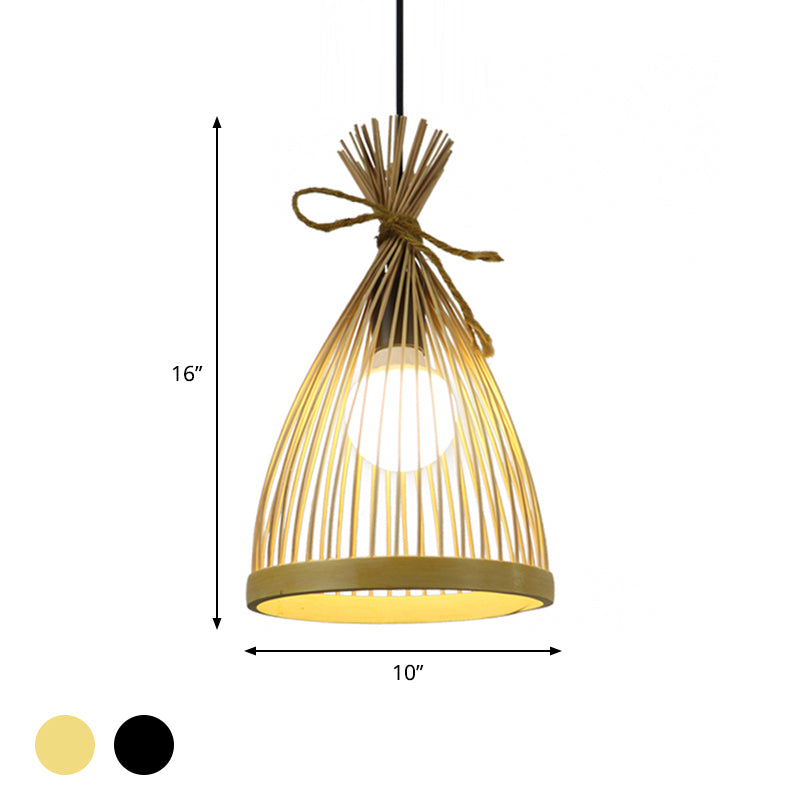 1 Bulb Restaurant Pendant Lamp with Conical Bamboo Shade Modern Style Black/Beige Hanging Ceiling Light, 8