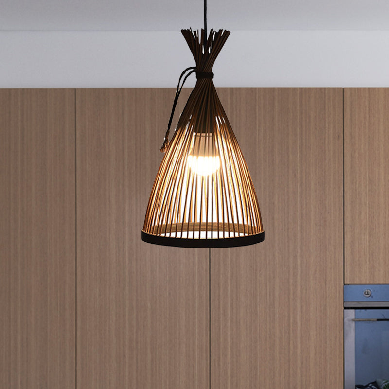 1 Bulb Restaurant Pendant Lamp with Conical Bamboo Shade Modern Style Black/Beige Hanging Ceiling Light, 8