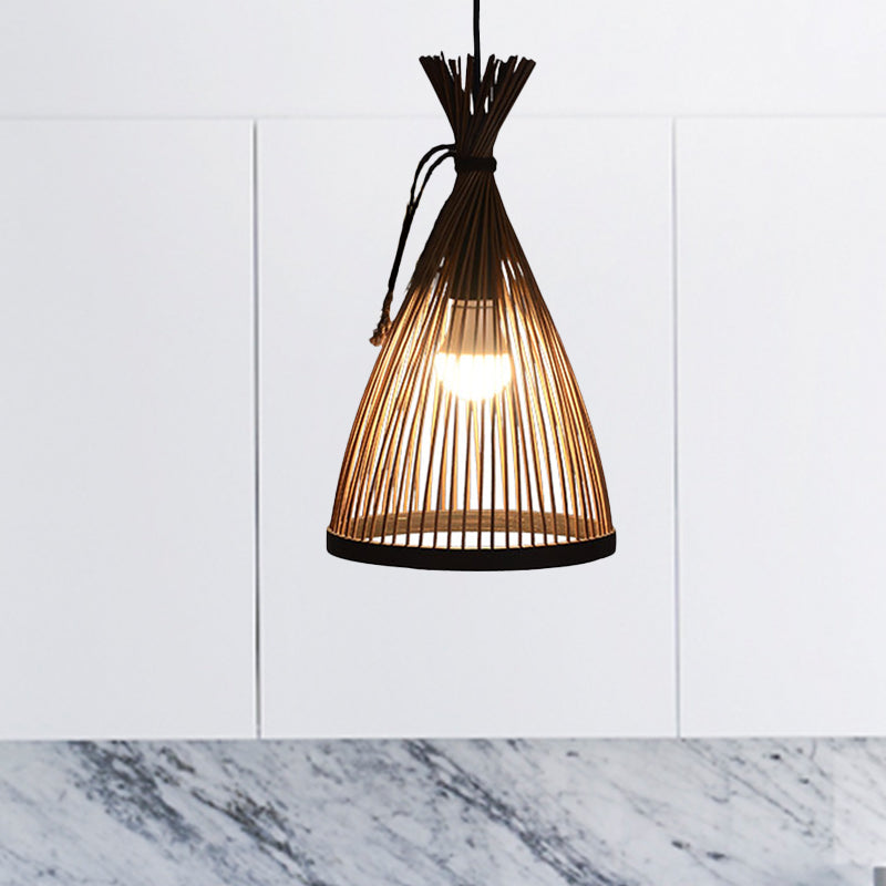 1 Bulb Restaurant Pendant Lamp with Conical Bamboo Shade Modern Style Black/Beige Hanging Ceiling Light, 8