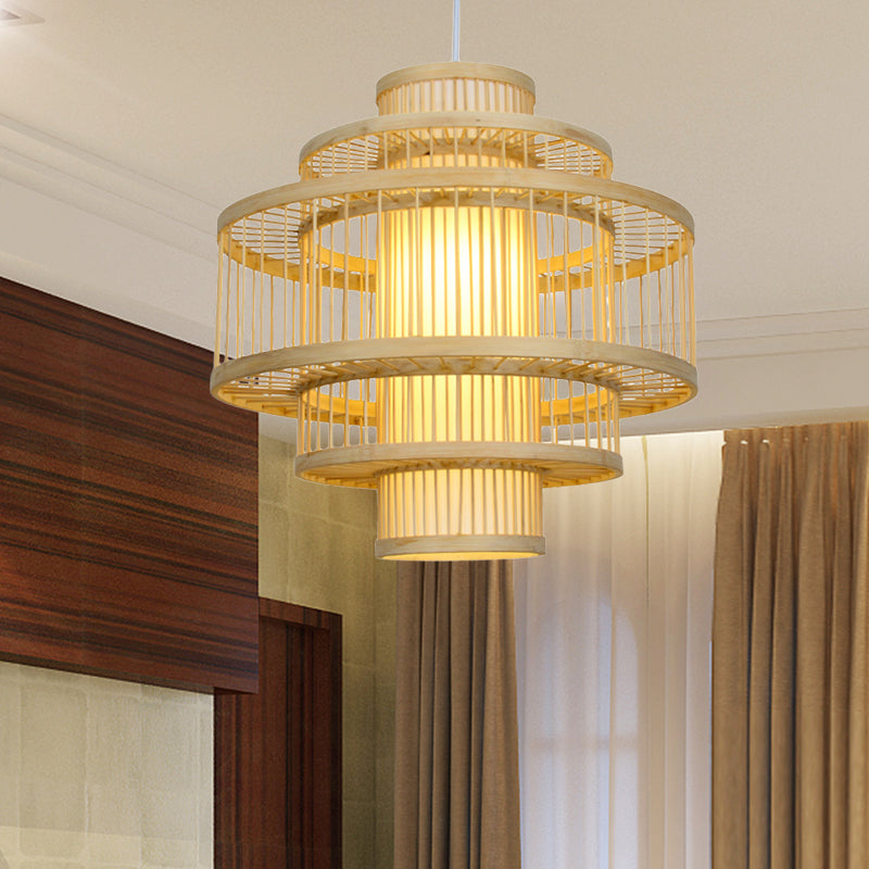 Modernist Tiered Bamboo Hanging Pendant Fixture with Cylinder Shade 19.5