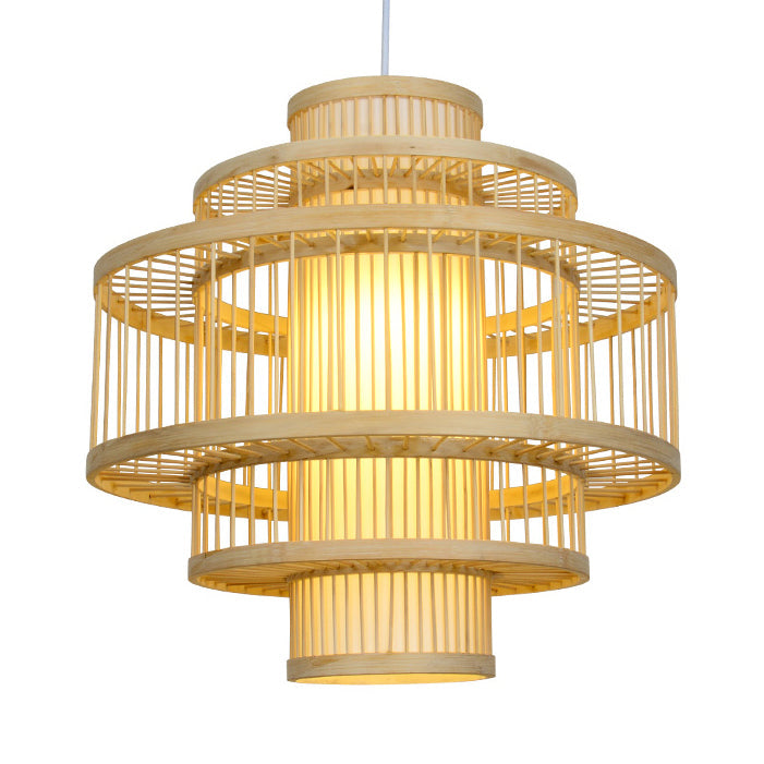 Modernist Tiered Bamboo Hanging Pendant Fixture with Cylinder Shade 19.5