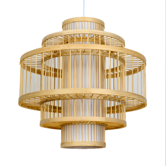 Modernist Tiered Bamboo Hanging Pendant Fixture with Cylinder Shade 19.5