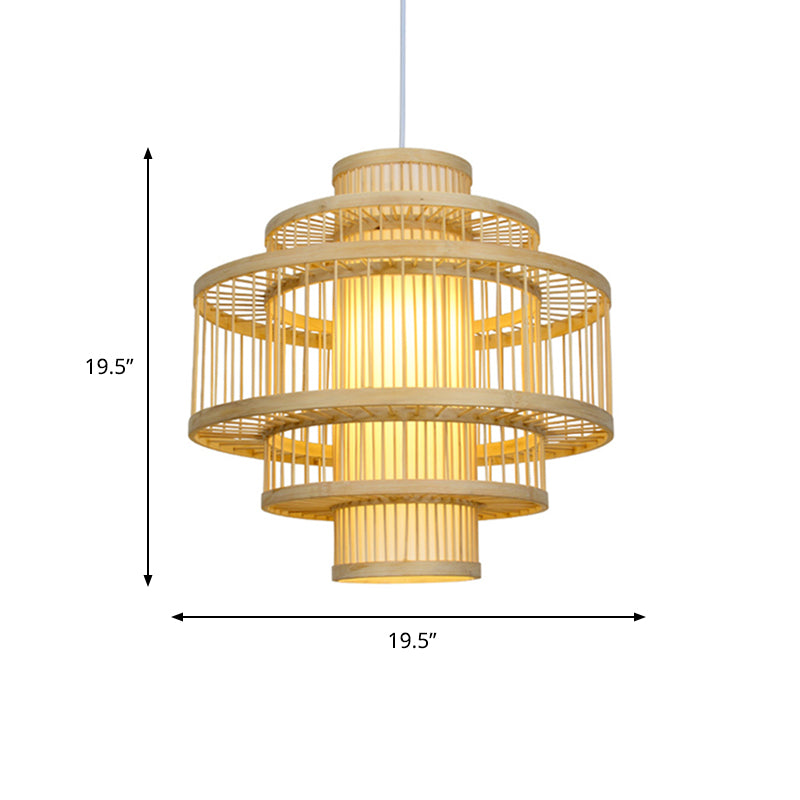 Modernist Tiered Bamboo Hanging Pendant Fixture with Cylinder Shade 19.5