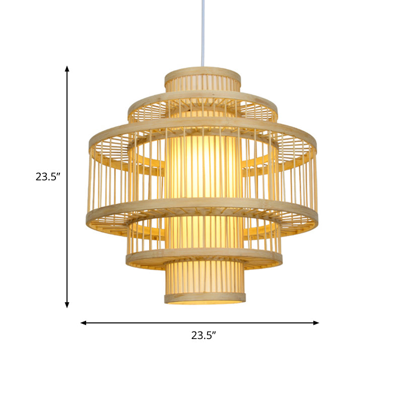 Modernist Tiered Bamboo Hanging Pendant Fixture with Cylinder Shade 19.5