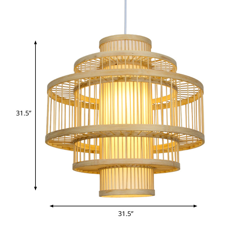 Modernist Tiered Bamboo Hanging Pendant Fixture with Cylinder Shade 19.5