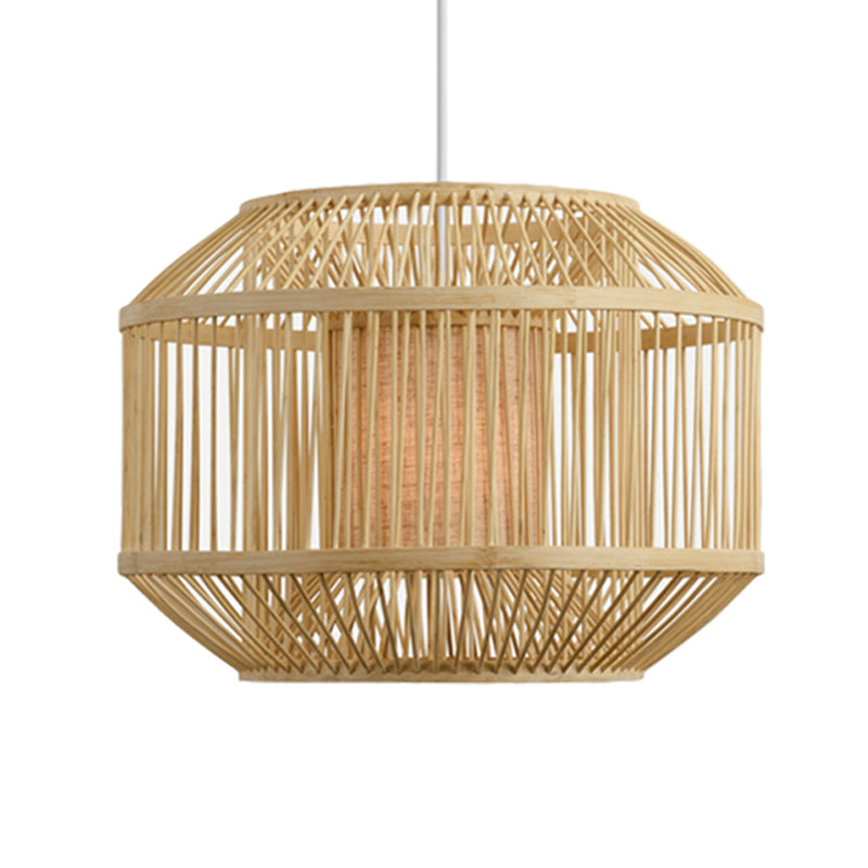 Asian Handwoven Bamboo Hanging Fixture with Geometric Shade 16