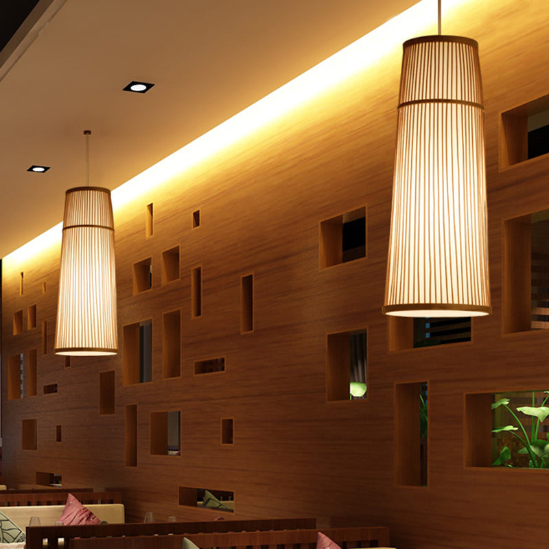 Tapered Bamboo Shade Pendant Light Fixture Countryside Style 1 Light Beige Hanging Lamp for Restaurant Beige Clearhalo 'Ceiling Lights' 'Pendant Lights' 'Pendants' Lighting' 622426_895fce21-b84c-4dcc-90ff-d837e0d3eabd