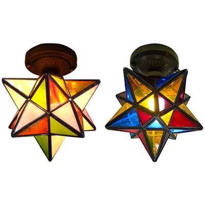 1 Head Star/Polygon Shaped Flush Ceiling Light Tiffany Colorful Glass Flush Mount Light for Corridor Clearhalo 'Ceiling Lights' 'Close To Ceiling Lights' 'Close to ceiling' 'Glass shade' 'Glass' 'Semi-flushmount' 'Tiffany close to ceiling' 'Tiffany' Lighting' 62388