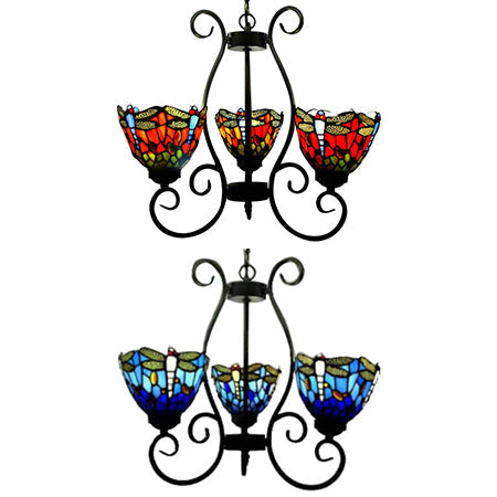 3 Lights Dragonfly Chandelier Light Stained Glass Loft Pendant Light in Red/Blue for Living Room Clearhalo 'Ceiling Lights' 'Chandeliers' 'Industrial' 'Middle Century Chandeliers' 'Tiffany Chandeliers' 'Tiffany close to ceiling' 'Tiffany' Lighting' 62712