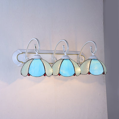 Flower Wall Mounted Light Tiffany White/Clear/Blue Glass 3 Heads Sconce Light with Scrolling Arm Blue Clearhalo 'Industrial' 'Middle century wall lights' 'Tiffany wall lights' 'Tiffany' 'Wall Lamps & Sconces' 'Wall Lights' Lighting' 63081