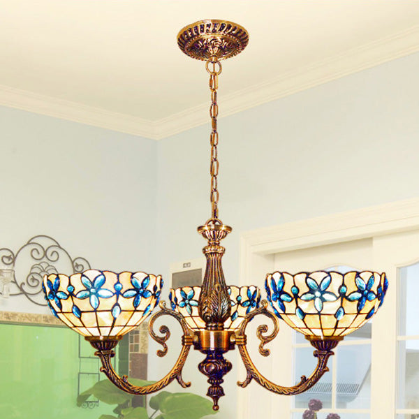 Vintage Scalloped Hanging Light Stained Glass 3/5 Lights Floral Inverted Chandelier with Chain in Red/Blue for Bedroom 3 Blue Clearhalo 'Ceiling Lights' 'Chandeliers' 'Close To Ceiling Lights' 'Industrial' 'Middle Century Chandeliers' 'Tiffany Chandeliers' 'Tiffany close to ceiling' 'Tiffany' Lighting' 63577