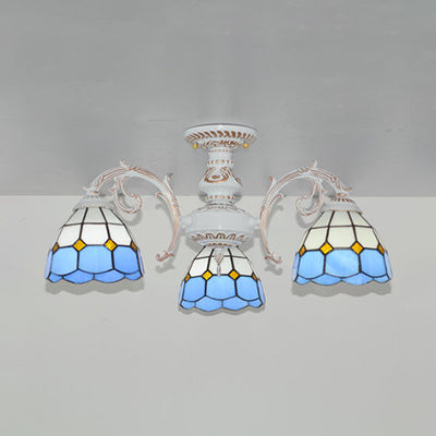 3/6 Lights Dome Semi Flush Lighting Vintage Tiffany Stained Glass Semi Flush Mount Lighting in Bronze/White Finish 3 White Clearhalo 'Ceiling Lights' 'Close To Ceiling Lights' 'Close to ceiling' 'Glass shade' 'Glass' 'Semi-flushmount' 'Tiffany close to ceiling' 'Tiffany' Lighting' 63698