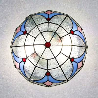 Vintage Bowl Flush Light with Magnolia Pattern Stained Glass Flush Ceiling Light in White/Clear for Bedroom Clearhalo 'Ceiling Lights' 'Close To Ceiling Lights' 'Close to ceiling' 'Flush mount' Lighting' 64189