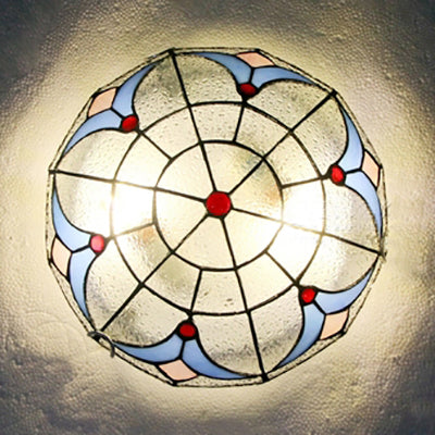 Vintage Bowl Flush Light with Magnolia Pattern Stained Glass Flush Ceiling Light in White/Clear for Bedroom Clear Clearhalo 'Ceiling Lights' 'Close To Ceiling Lights' 'Close to ceiling' 'Flush mount' Lighting' 64190