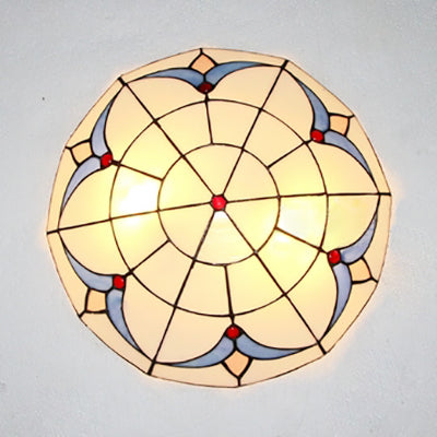 Vintage Bowl Flush Light with Magnolia Pattern Stained Glass Flush Ceiling Light in White/Clear for Bedroom Clearhalo 'Ceiling Lights' 'Close To Ceiling Lights' 'Close to ceiling' 'Flush mount' Lighting' 64192