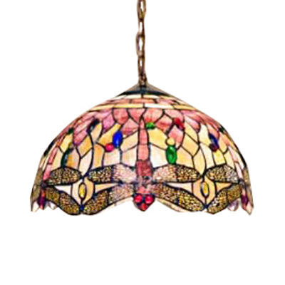 Dome Ceiling Lamp Tiffany Shell 3 Bulbs Pink Hanging Pendant Light with Dragonfly Pattern, 12