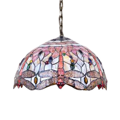 Dome Ceiling Lamp Tiffany Shell 3 Bulbs Pink Hanging Pendant Light with Dragonfly Pattern, 12