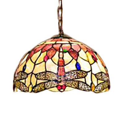 Dome Ceiling Lamp Tiffany Shell 3 Bulbs Pink Hanging Pendant Light with Dragonfly Pattern, 12