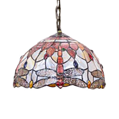 Dome Ceiling Lamp Tiffany Shell 3 Bulbs Pink Hanging Pendant Light with Dragonfly Pattern, 12