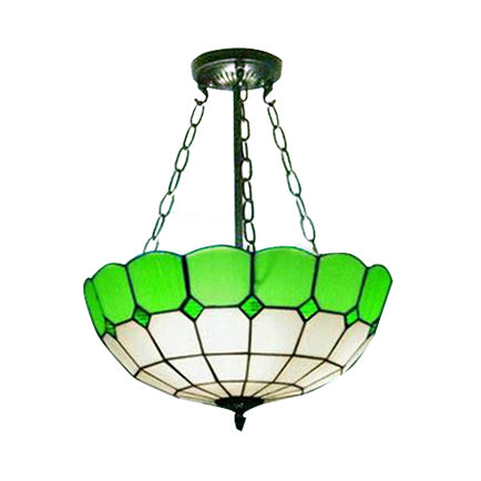 Lodge Bowl Semi Flush Light Stained Glass 2/3 Lights Semi Flush Ceiling Fixture with Chain in Green Green Clearhalo 'Ceiling Lights' 'Close To Ceiling Lights' 'Close to ceiling' 'Glass shade' 'Glass' 'Semi-flushmount' 'Tiffany close to ceiling' 'Tiffany' Lighting' 65101