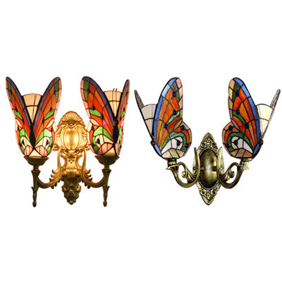 Colorful Butterfly Wall Light Country Stained Glass 2 Heads Wall Mount Fixture for Living Room Clearhalo 'Industrial' 'Middle century wall lights' 'Tiffany wall lights' 'Tiffany' 'Wall Lamps & Sconces' 'Wall Lights' Lighting' 66085