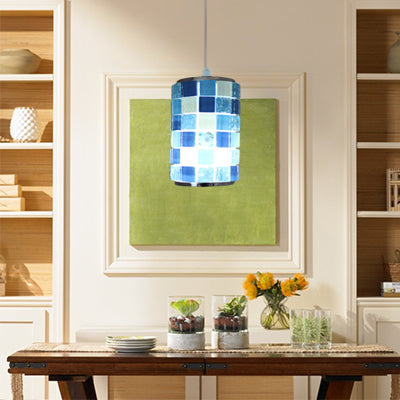 Mosaic Design Pendant Lighting 1 Light Blue Crystal Tiffany Ceiling Suspension Lamp with Cylinder/Drum Shade, 4