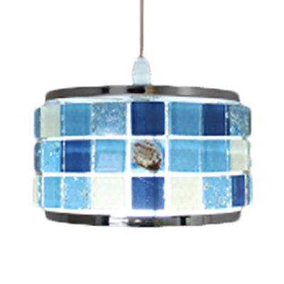 Mosaic Design Pendant Lighting 1 Light Blue Crystal Tiffany Ceiling Suspension Lamp with Cylinder/Drum Shade, 4