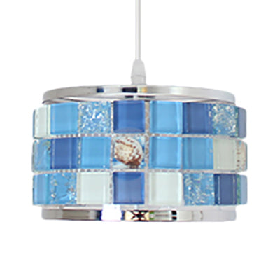 Mosaic Design Pendant Lighting 1 Light Blue Crystal Tiffany Ceiling Suspension Lamp with Cylinder/Drum Shade, 4