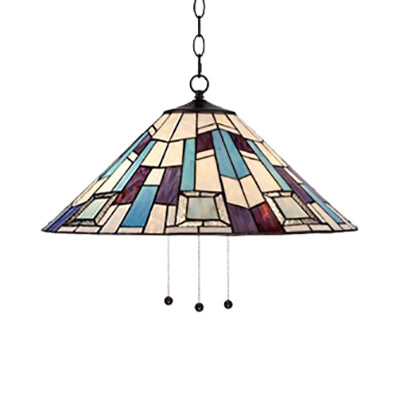 Stained Glass Purplish Blue Ceiling Lamp Conical 1 Head Tiffany Suspension Pendant Light for Dining Room, 16