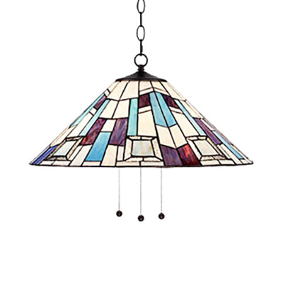 Stained Glass Purplish Blue Ceiling Lamp Conical 1 Head Tiffany Suspension Pendant Light for Dining Room, 16