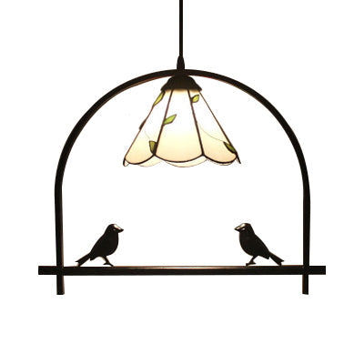 Study Room Arch Shelf Pendant Light Glass & Metal 1 Light Rustic Hanging Light in Beige Clearhalo 'Ceiling Lights' 'Close To Ceiling Lights' 'Industrial' 'Middle Century Pendants' 'Pendant Lights' 'Pendants' 'Tiffany close to ceiling' 'Tiffany Pendants' 'Tiffany' Lighting' 67621