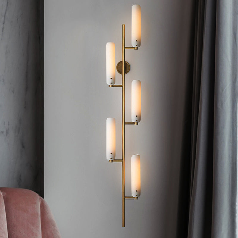 Vintage Cylinder Wall Mounted Light 5 Heads Opal Glass Wall Lighting in Gold for Bedside Gold Clearhalo 'Wall Lamps & Sconces' 'Wall Lights' Lighting' 678232