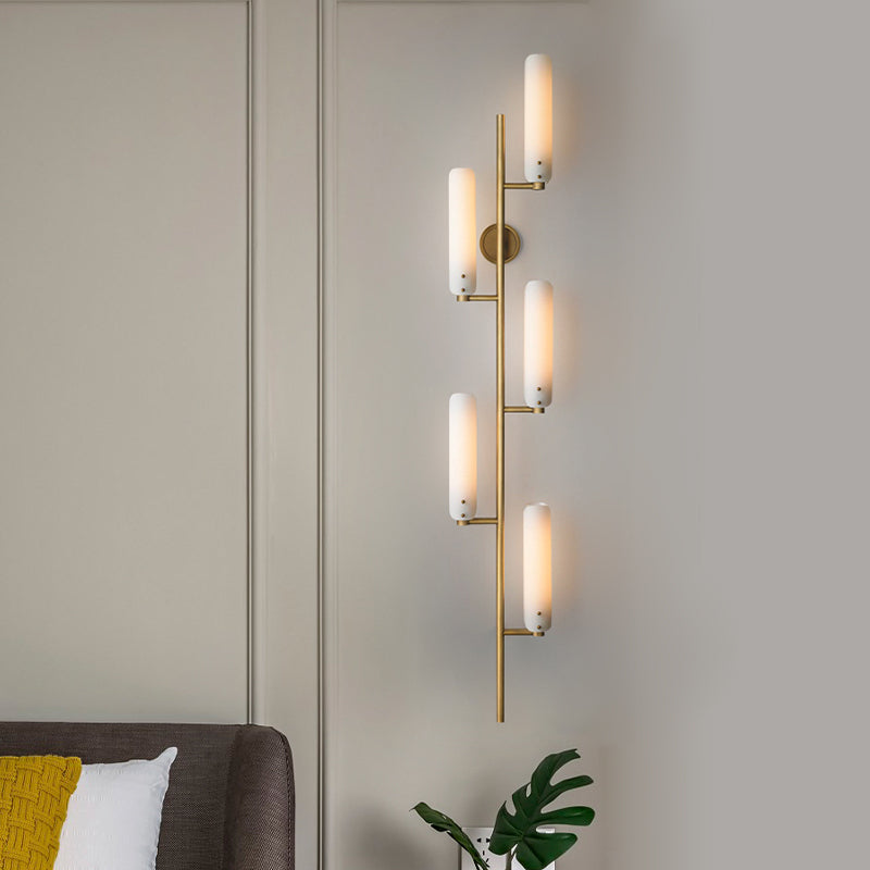 Vintage Cylinder Wall Mounted Light 5 Heads Opal Glass Wall Lighting in Gold for Bedside Clearhalo 'Wall Lamps & Sconces' 'Wall Lights' Lighting' 678233