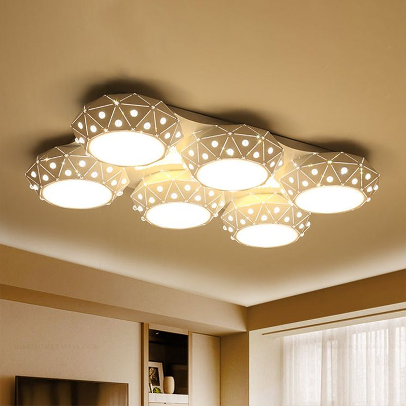 White Faceted Round Flush Mount Light Modern Style 6 Lights Metallic Ceiling Light Fixture for Living Room Clearhalo 'Ceiling Lights' 'Close To Ceiling Lights' 'Close to ceiling' 'Semi-flushmount' Lighting' 678787