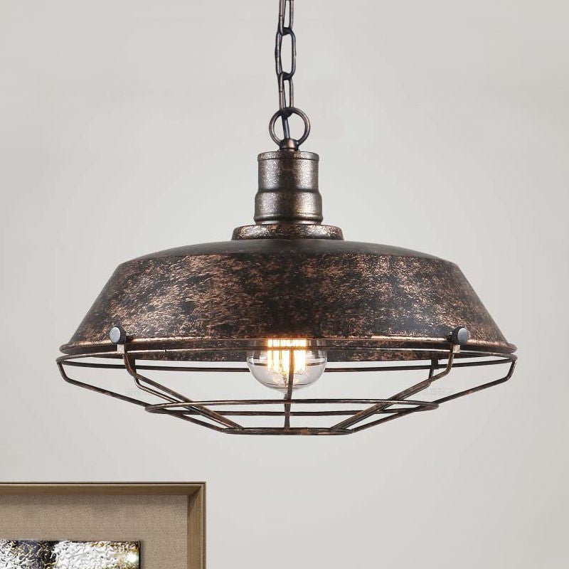 Rustic Stylish Wire Cage Pendant Light with Barn Shade 1 Light Iron Ceiling Light Fixture in Antique Brass/Rust, 10