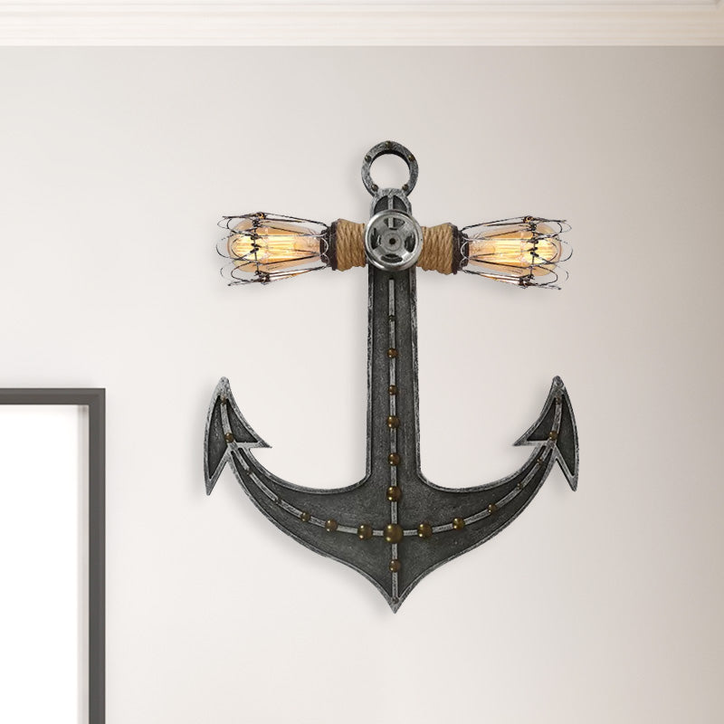 2 Lights Anchor Wall Lamp Nautical Industrial Wrought Iron Sconce Lighting for Restaurant Clearhalo 'Wall Lamps & Sconces' 'Wall Lights' Lighting' 679207