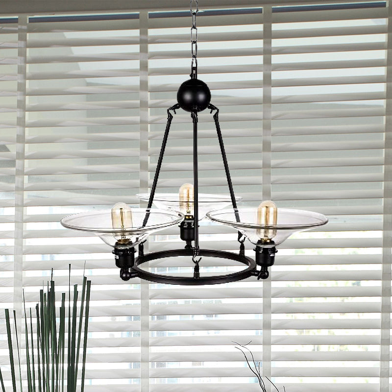 Black 3 Lights Chandelier Light Fixture Antique Clear Glass Cone Pendant Lamp for Living Room Clearhalo 'Ceiling Lights' 'Chandeliers' 'Glass shade' 'Glass' 'Industrial Chandeliers' 'Industrial' 'Middle Century Chandeliers' 'Pendant Lights' 'Tiffany' Lighting' 679298