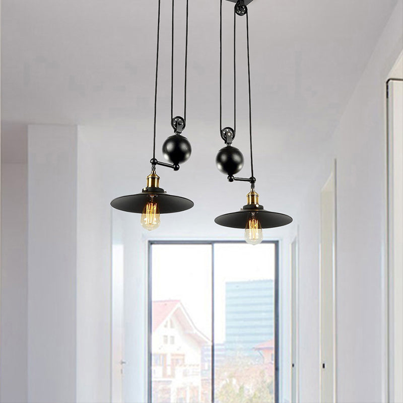 Flared Shade Metal Pendant Lighting Industrial 2 Lights Warehouse Ceiling Light Fixture with Pulley in Black Clearhalo 'Art Deco Pendants' 'Black' 'Cast Iron' 'Ceiling Lights' 'Ceramic' 'Crystal' 'Industrial Pendants' 'Industrial' 'Metal' 'Middle Century Pendants' 'Pendant Lights' 'Pendants' 'Rustic Pendants' 'Tiffany' Lighting' 679316