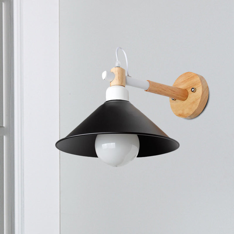 1 Head Conic Wall Sconce Light Nordic Style Black Metallic Wall Lighting with Wooden Backplate Clearhalo 'Cast Iron' 'Glass' 'Industrial' 'Modern wall lights' 'Modern' 'Tiffany' 'Traditional wall lights' 'Wall Lamps & Sconces' 'Wall Lights' Lighting' 679405