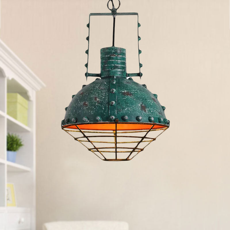 Domed Metal Ceiling Hanging Light Wrought Iron 1 Light Dining Room Pendant Lamp with Wire Guard and Rivets in Black/Green Clearhalo 'Art Deco Pendants' 'Black' 'Cast Iron' 'Ceiling Lights' 'Ceramic' 'Crystal' 'Industrial Pendants' 'Industrial' 'Metal' 'Middle Century Pendants' 'Pendant Lights' 'Pendants' 'Rustic Pendants' 'Tiffany' Lighting' 679426