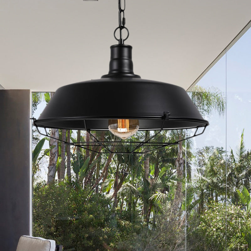 Farmhouse Stylish Barn Ceiling Light Fixture with Cage Shade 1 Bulb Metallic Pendant Lamp in Black, 10