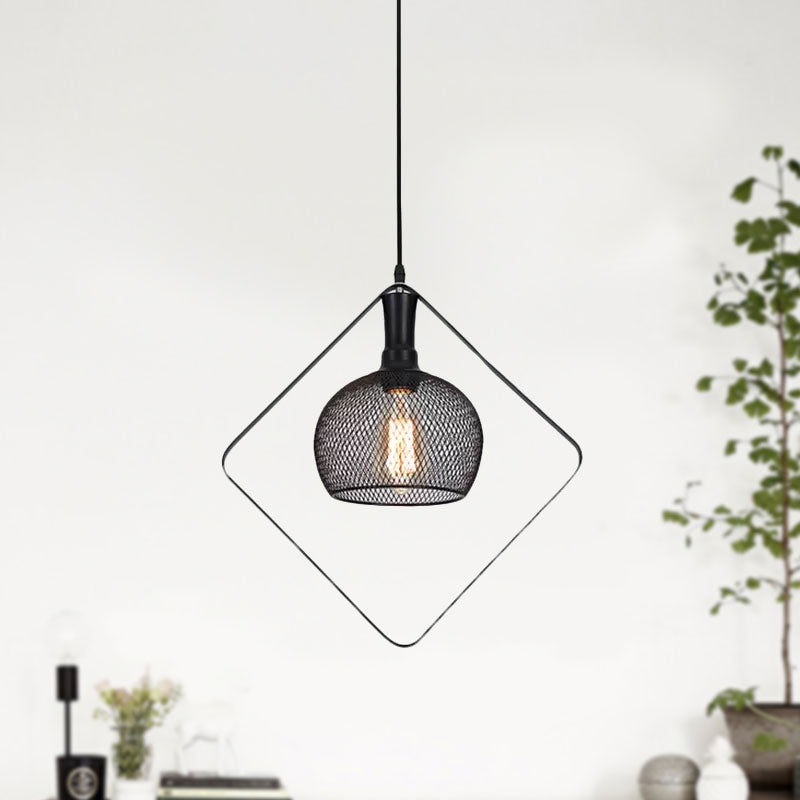 Mesh Domed Metal Pendant Light Vintage Style 1 Bulb Living Room Ceiling Light Fixture with Square Deco in Black Clearhalo 'Ceiling Lights' 'Pendant Lights' 'Pendants' Lighting' 679583