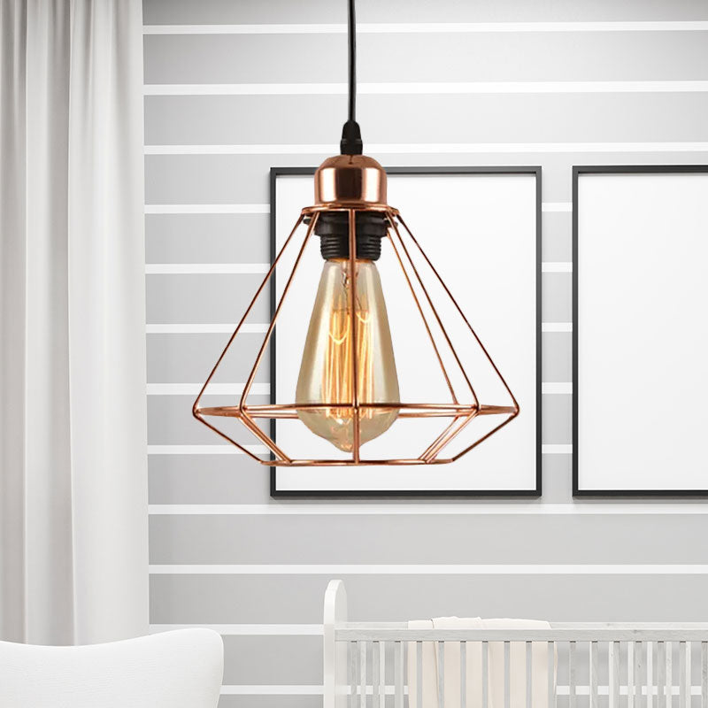 Geometric Cage Metal Ceiling Light Loft Industrial 1 Light Bedroom Pendant Lighting in Rose Gold Clearhalo 'Art Deco Pendants' 'Cast Iron' 'Ceiling Lights' 'Ceramic' 'Crystal' 'Industrial Pendants' 'Industrial' 'Metal' 'Middle Century Pendants' 'Pendant Lights' 'Pendants' 'Tiffany' Lighting' 679765