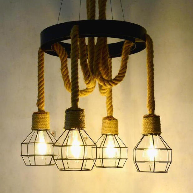 4/6 Bulbs Dome Cage Ceiling Light Retro Style Brown Rope and Metal Chandelier Pendant Light for Hallway 4 Brown Clearhalo 'Ceiling Lights' 'Chandeliers' 'Industrial Chandeliers' 'Industrial' 'Middle Century Chandeliers' 'Tiffany' Lighting' 69110