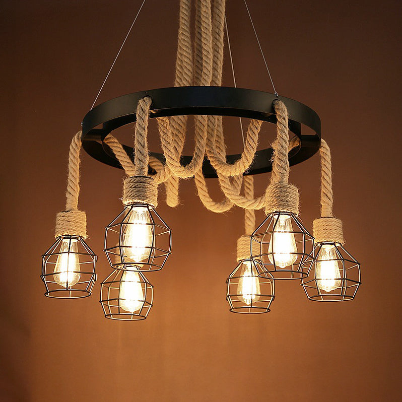 4/6 Bulbs Dome Cage Ceiling Light Retro Style Brown Rope and Metal Chandelier Pendant Light for Hallway 6 Brown Clearhalo 'Ceiling Lights' 'Chandeliers' 'Industrial Chandeliers' 'Industrial' 'Middle Century Chandeliers' 'Tiffany' Lighting' 69111