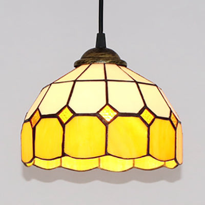 Hemisphere Pendant Light 1 Bulb Pink/Blue/Orange Stained Glass Tiffany-Style Ceiling Suspension Lamp Yellow Clearhalo 'Ceiling Lights' 'Industrial' 'Middle Century Pendants' 'Pendant Lights' 'Pendants' 'Tiffany close to ceiling' 'Tiffany Pendants' 'Tiffany' Lighting' 69659