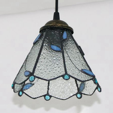 Tiffany Conical Hanging Light 1 Bulb Blue/Clear/Blue-Clear Cut Glass Ceiling Suspension Lamp for Dining Room Clear Clearhalo 'Ceiling Lights' 'Close To Ceiling Lights' 'Industrial' 'Middle Century Pendants' 'Pendant Lights' 'Pendants' 'Tiffany close to ceiling' 'Tiffany Pendants' 'Tiffany' Lighting' 69687